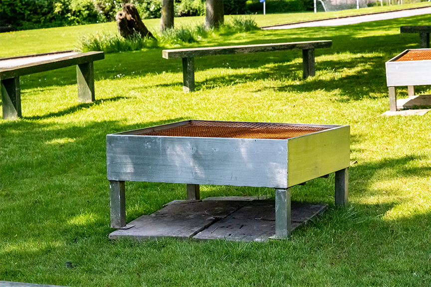 A fire pit in the shade of a tree at The Hayes