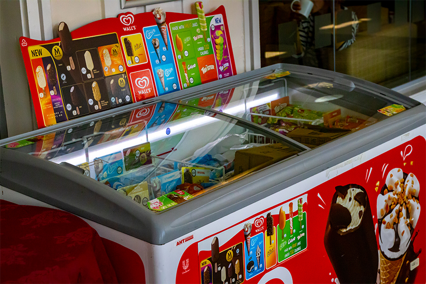 A freezer holding a variety of different ice creams