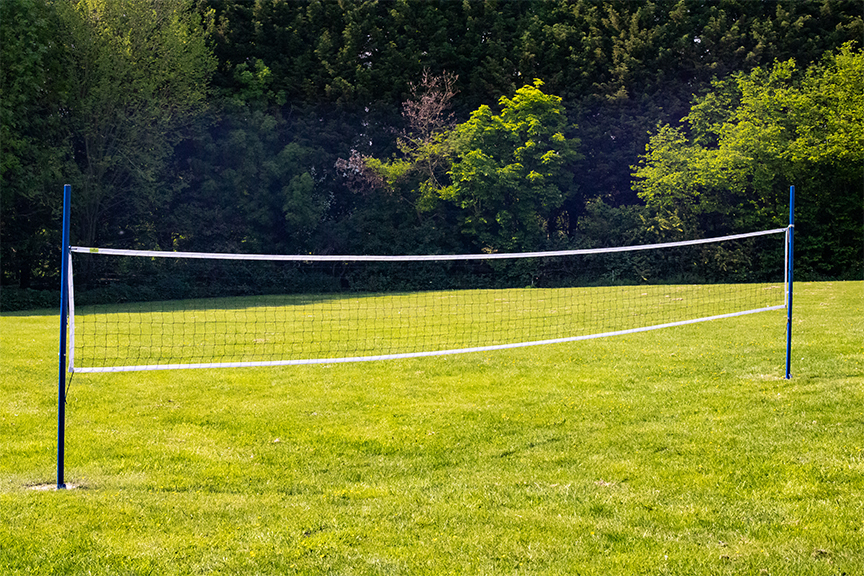 A volleyball net on The Hayes sports field