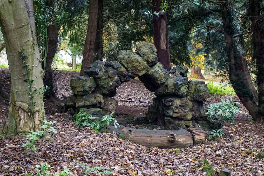 The rock arch showing bricks as the Pulhamite coating has disintegrated over time.