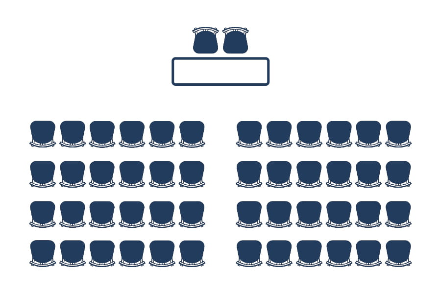 A diagram of theatre style showing straight rows of light blue chairs facing the front which has 2 chairs at a table.